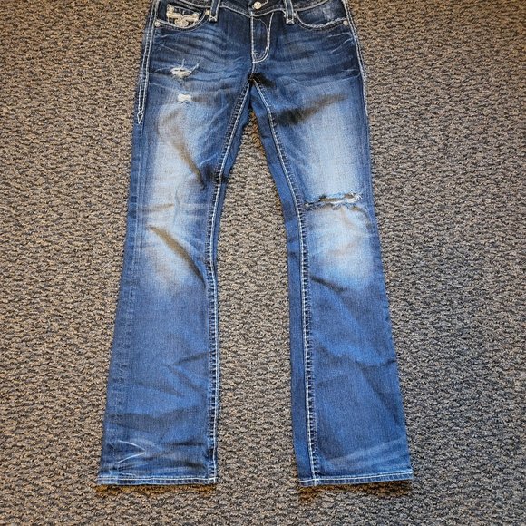 Rock Revival Fay Easy Boot Distressed Jeans Size 27 Rhinestone Pocket Bling - Picture 6 of 13